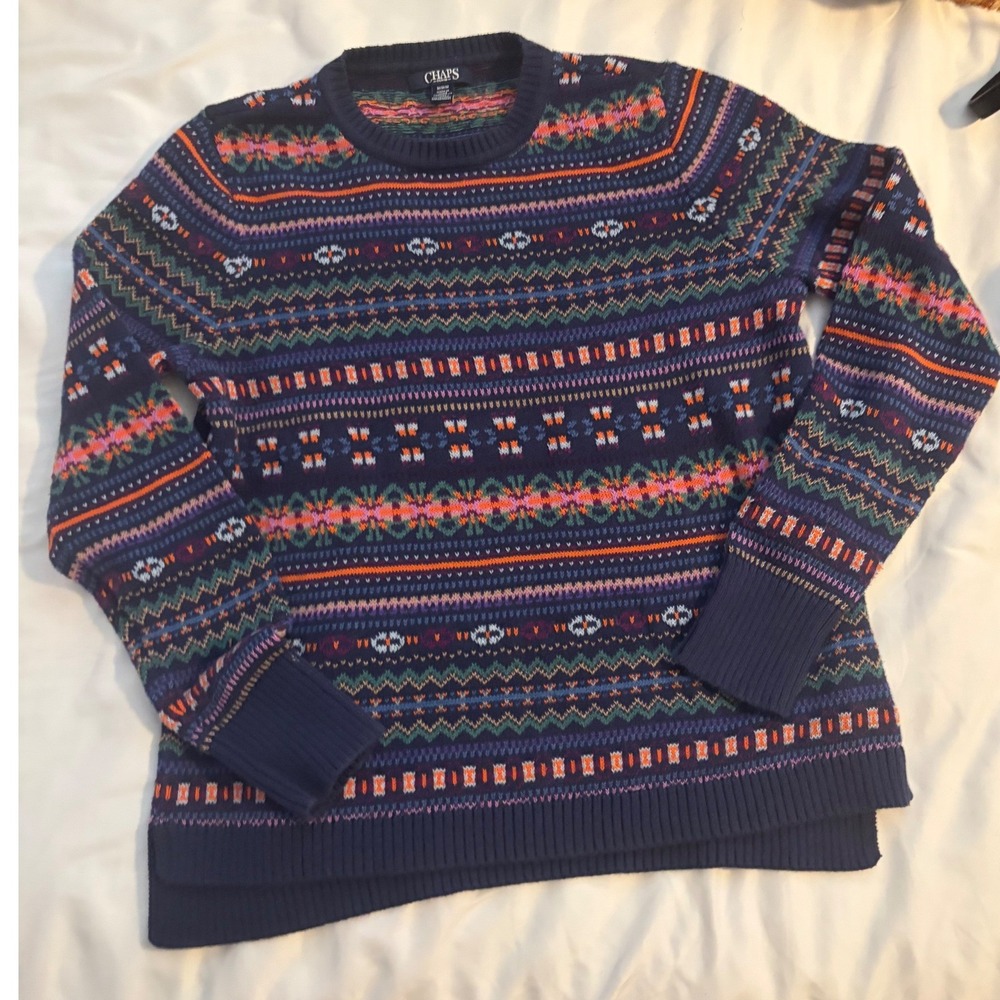 Chaps Denim Womens Navy Blue Fair Isle Cotton Blend Crewneck Sweater Size Medium - Picture 2 of 4